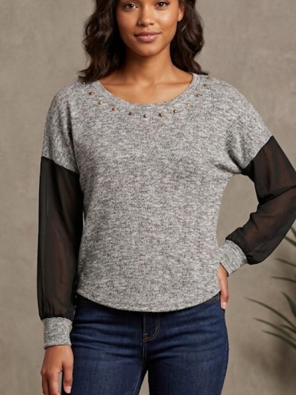 Papaya Black & Gray Sweater W/ Shear LS & Metal Studs Along Neck